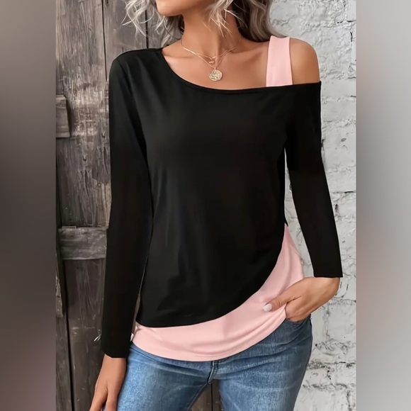 NWOT Womens Plus Black & Pink Colorblock Long Sleeve One Shoulder Top - Picture 1 of 9